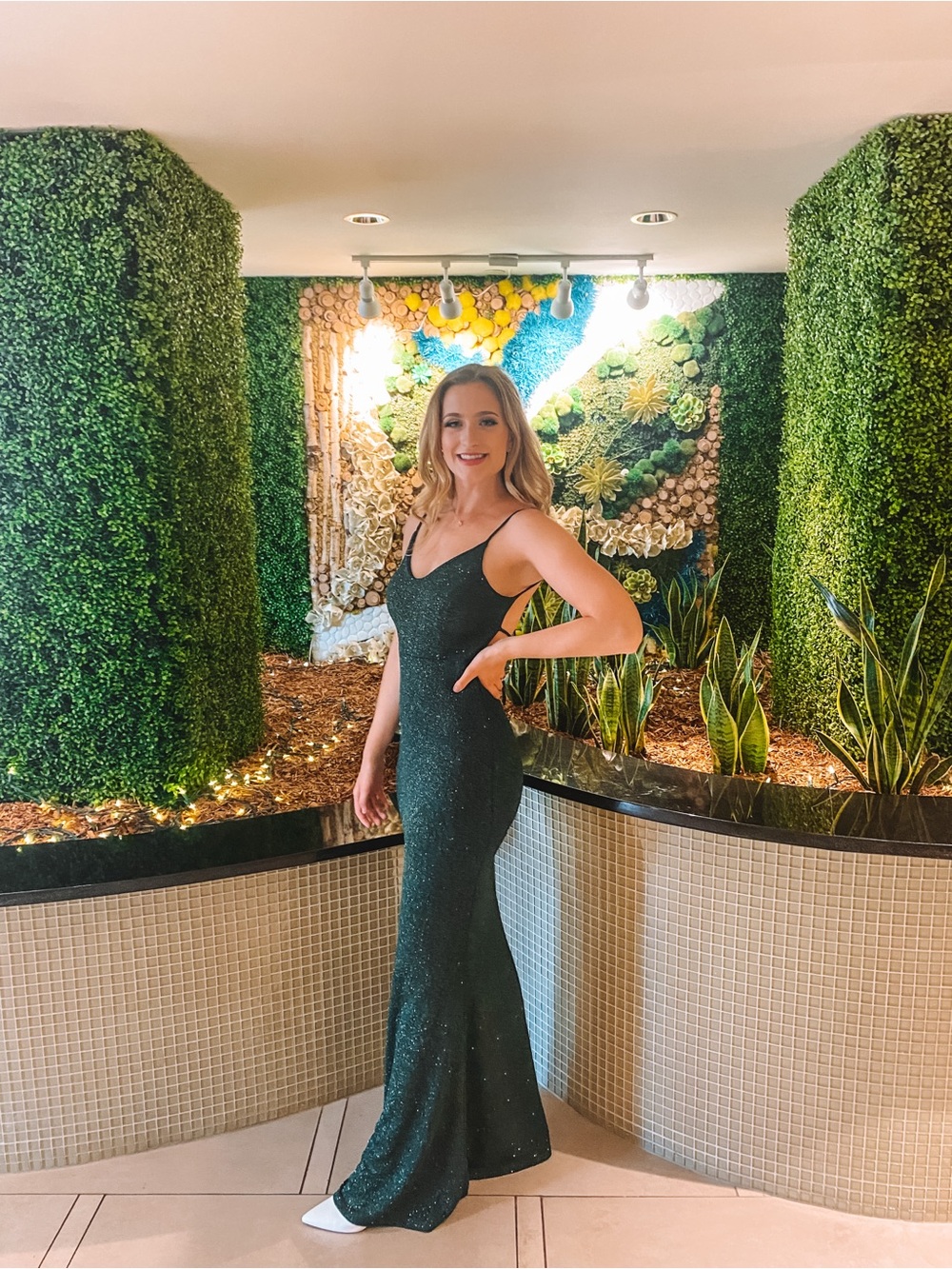 Windsor Elegant Green Glitter Slip Dress with Spaghetti Straps